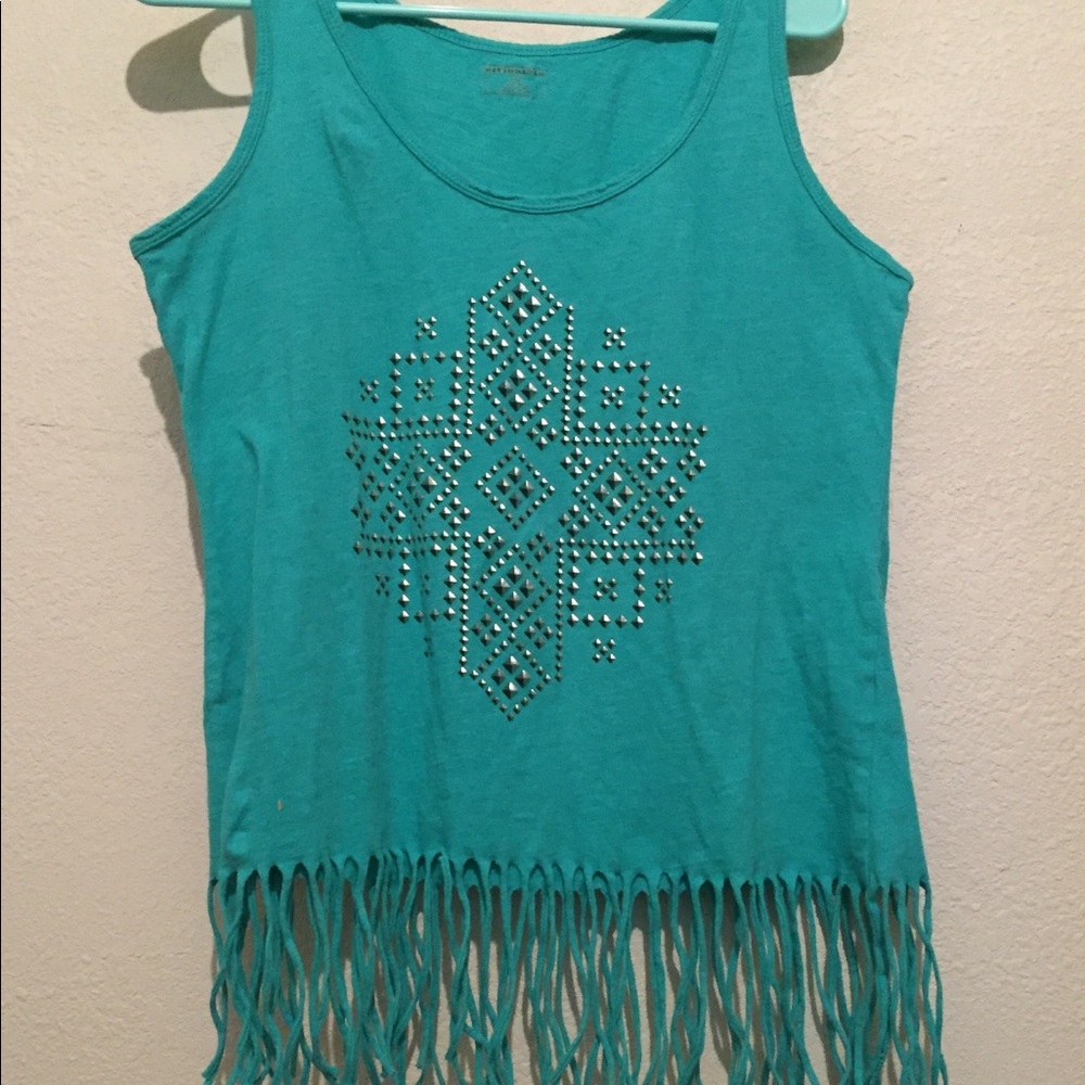 Turquoise Aztec fringe tank top
